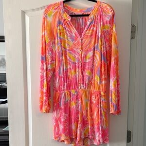 Lilly Pulitzer Pink Tropical Long-Sleeve Button Romper Dress